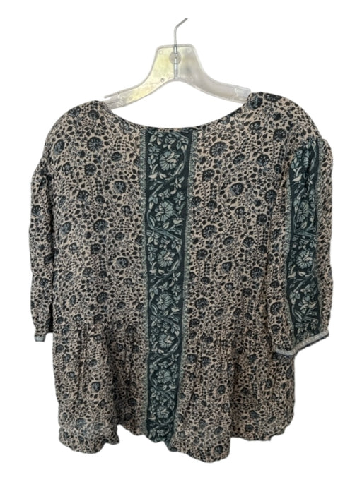 Ba&sh Size M Taupe & Teal Viscose 3/4 Balloon Sleeve Flowers V Neck Top Taupe & Teal / M