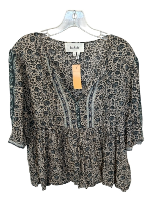 Ba&sh Size M Taupe & Teal Viscose 3/4 Balloon Sleeve Flowers V Neck Top Taupe & Teal / M