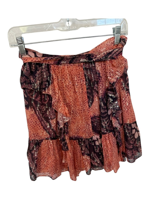 Ulla Johnson Size 6 Peach & Black Silk Back Zip Metallic Thread Belted Skirt Peach & Black / 6
