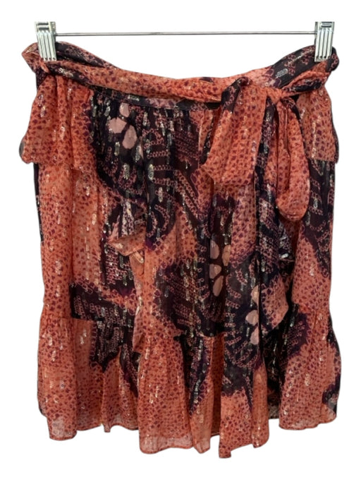 Ulla Johnson Size 6 Peach & Black Silk Back Zip Metallic Thread Belted Skirt Peach & Black / 6