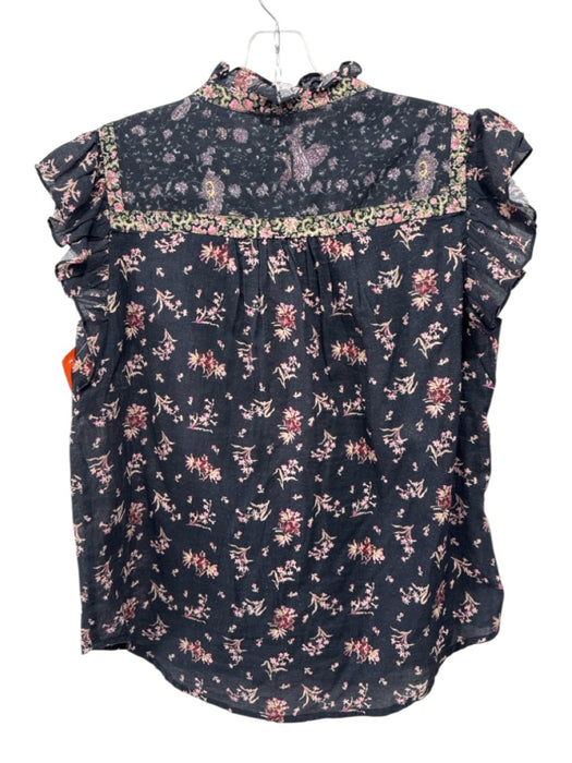 La Vie Rebecca Taylor Size M Black & Pink Print Cotton Button Down Floral Top Black & Pink Print / M