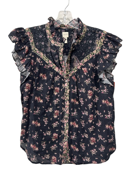 La Vie Rebecca Taylor Size M Black & Pink Print Cotton Button Down Floral Top Black & Pink Print / M