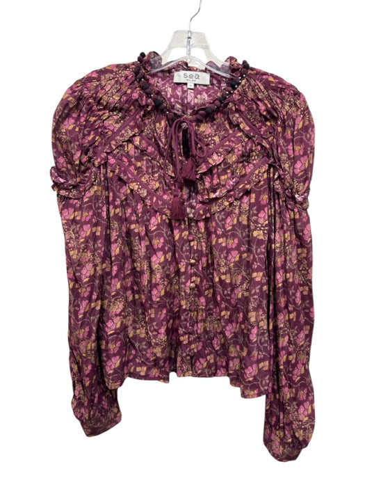 Sea New York Size M Burgundy Print Viscose Floral Button Down Long Sleeve Top Burgundy Print / M