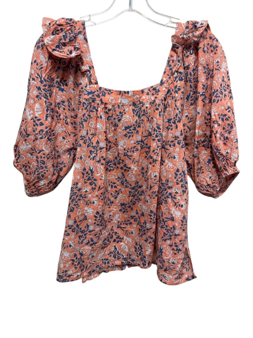 Cleobella Size L Orange & Blue Organic Cotton Block Printed Floral Top Orange & Blue / L