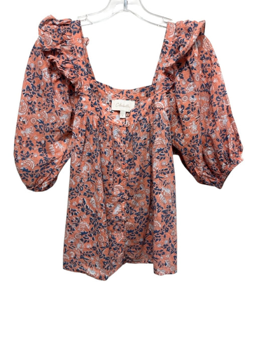 Cleobella Size L Orange & Blue Organic Cotton Block Printed Floral Top Orange & Blue / L
