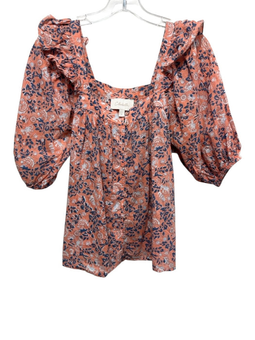 Cleobella Size L Orange & Blue Organic Cotton Block Printed Floral Top Orange & Blue / L