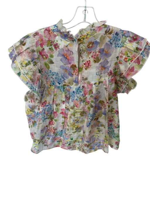 Lavender Brown Size L White & Multi Linen Blend Short Sleeve Botanical Top White & Multi / L