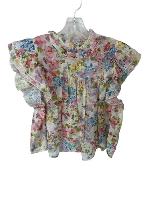 Lavender Brown Size L White & Multi Linen Blend Short Sleeve Botanical Top White & Multi / L