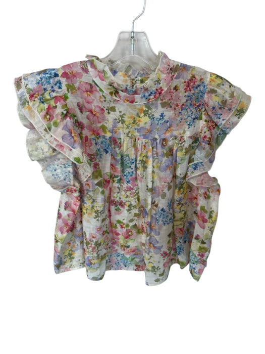 Lavender Brown Size L White & Multi Linen Blend Short Sleeve Botanical Top White & Multi / L