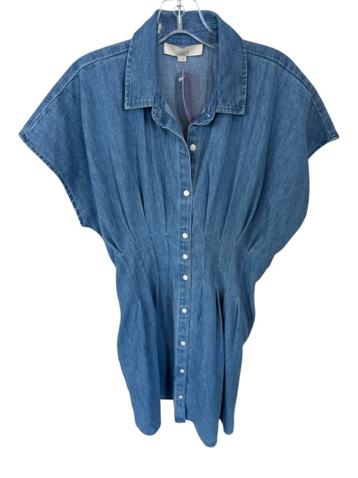 Loft Size M Med Dark Wash Tencel Cap Sleeve Pleat Detail Button Down Dress Med Dark Wash / M