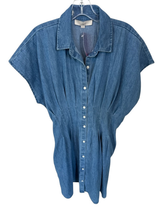 Loft Size M Med Dark Wash Tencel Cap Sleeve Pleat Detail Button Down Dress Med Dark Wash / M