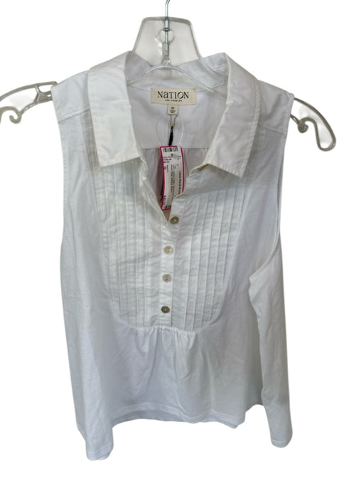 Nation Size M White Cotton Sleeveless Collar Pleat Detail Buttons Top White / M