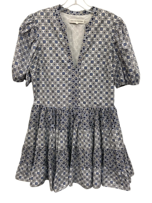 English Factory Size M Blue, White & Yellow Cotton Short Balloon Sleeve Dress Blue, White & Yellow / M