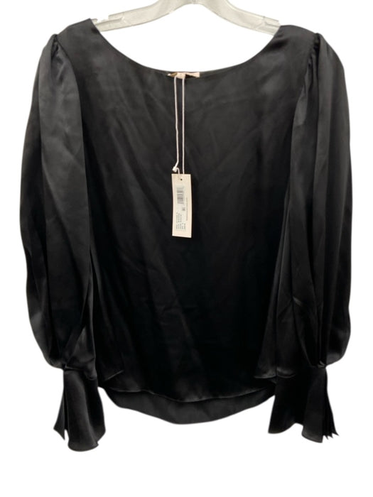Rebecca Taylor Size 8 Black Silk Long Balloon Sleeve Wide Neck Flared Cuff Top Black / 8