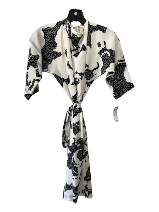 Diane Von Furstenberg Size 2 White & Black Silk 3/4 Sleeve Floral Sash Dress White & Black / 2