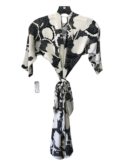 Diane Von Furstenberg Size 2 White & Black Silk 3/4 Sleeve Floral Sash Dress White & Black / 2