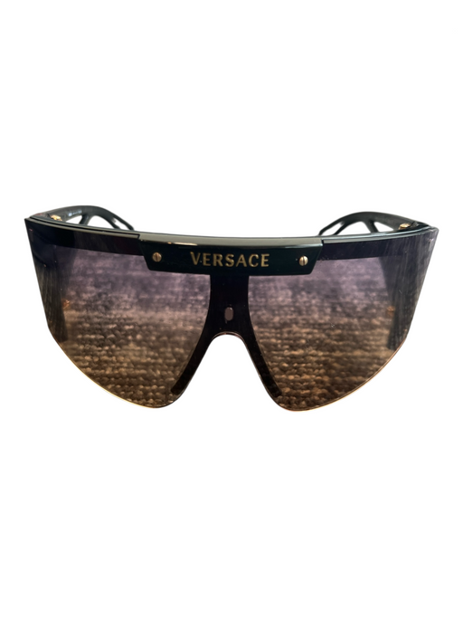 Versace Black Shield Acetate Logo Gold Hardware Oversize Sunglasses Black