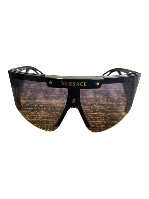 Versace Black Shield Acetate Logo Gold Hardware Oversize Sunglasses Black