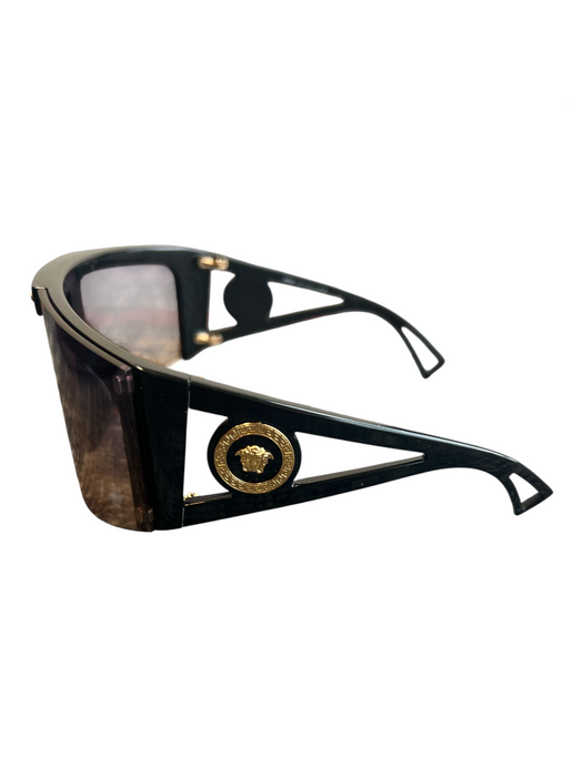 Versace Black Shield Acetate Logo Gold Hardware Oversize Sunglasses Black