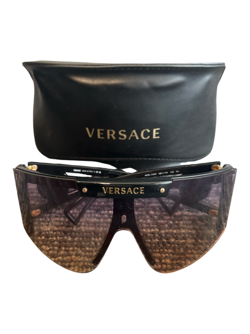 Versace Black Shield Acetate Logo Gold Hardware Oversize Sunglasses Black