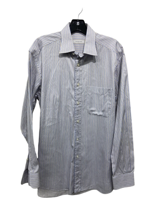 Zegna Size 15.5 Blue & Tan Cotton Striped Button Down Men's Long Sleeve Shirt 15.5