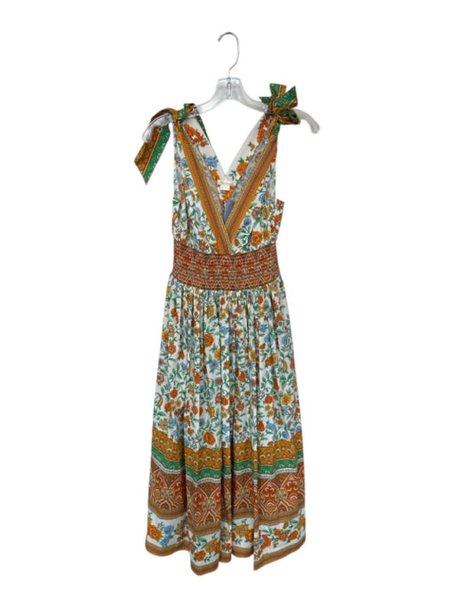 Shoshanna Size 2 Green & Orange Cotton Tie Straps Botanical Elastic Waist Dress Green & Orange / 2