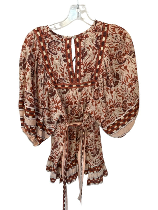 Cleobella Size XS Rust & Pink Cotton Long Balloon Sleeve Botanical Belted Dress Rust & Pink / XS