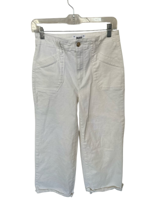 Paige Size 27 White Cotton Blend High Waist Wide Leg Cropped Raw Hem Jeans White / 27