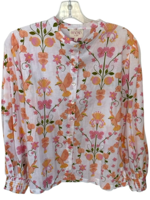 Beyond by Vera Size L Orange & Pink Cotton Long Sleeve Botanical Button Down Top Orange & Pink / L
