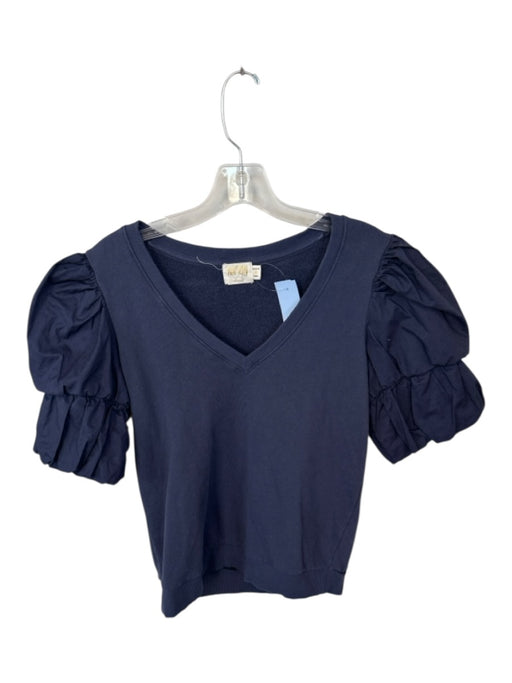 Nation Size M Navy Cotton 3/4 Balloon Sleeve V Neck Top Navy / M