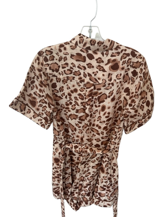 Kivari Size 4 Tan & brown Linen Short Sleeve Animal Print Button Down Romper Tan & brown / 4