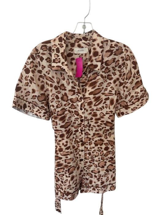 Kivari Size 4 Tan & brown Linen Short Sleeve Animal Print Button Down Romper Tan & brown / 4