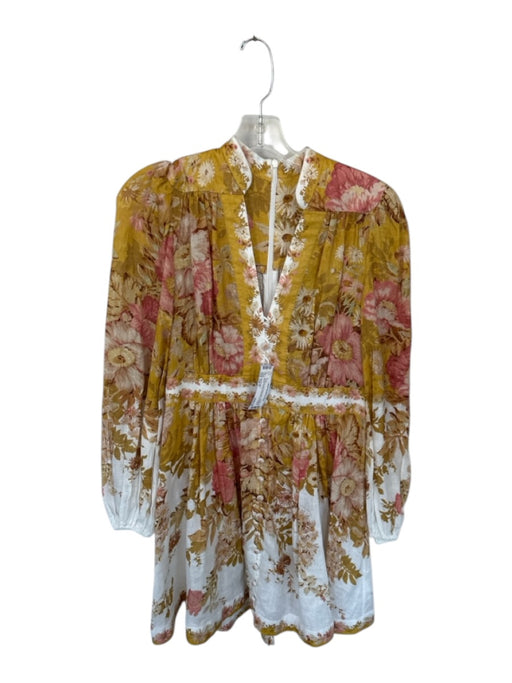 Zimmermann Size Est M Marigold & Pink Print Linen Long Balloon Sleeve Dress Marigold & Pink Print / Est M