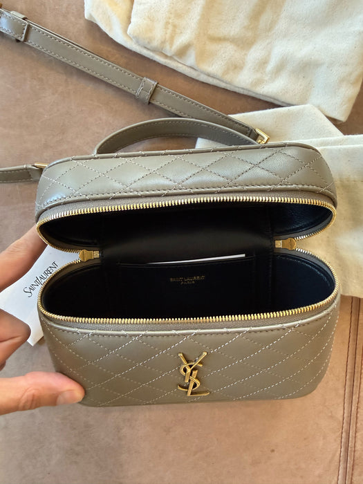 Saint Laurent Taupe & Gold Leather Zip Close Quilted Logo Crossbody Strap Bag