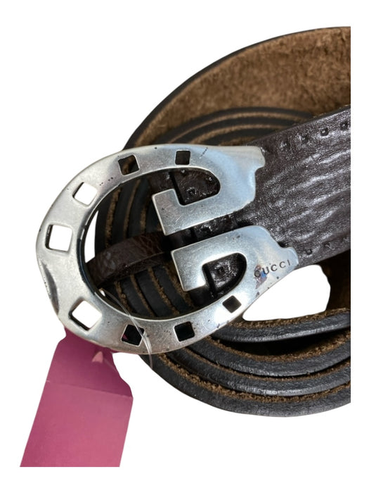 Gucci Brown Leather Textured Gunmetal Clasps Discoloration Stitch detail Belts Brown / Large