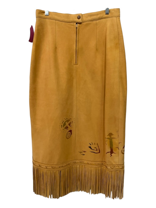 Maverick & Co. Size 30 Yellow Suede Fringe Abstract Print Midi Pleated Skirt Yellow / 30