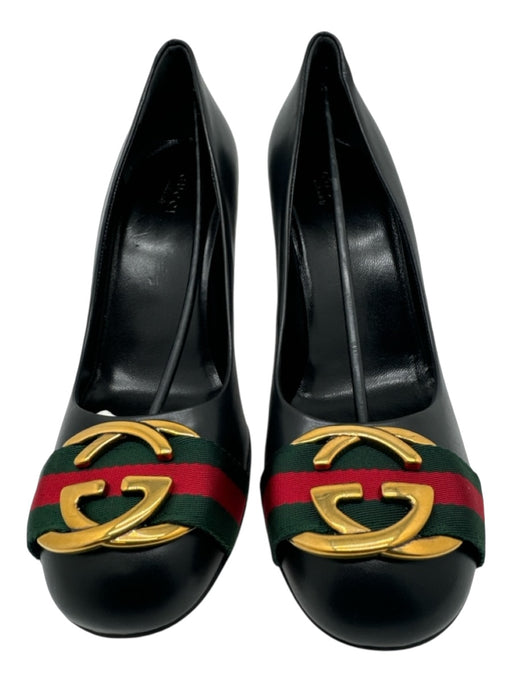 Gucci Shoe Size 38.5 Black Leather gold logo Web Stripe Pumps Black / 38.5