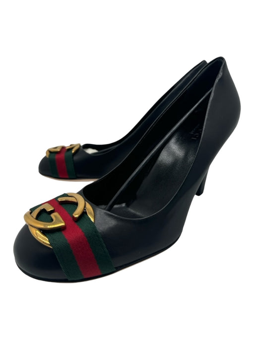 Gucci Shoe Size 38.5 Black Leather gold logo Web Stripe Pumps Black / 38.5