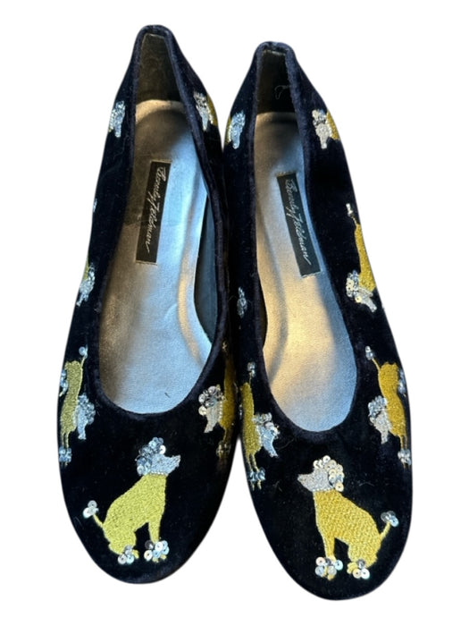 Beverly Feldman Shoe Size 9.5 Black & Gold Velvet Embroidered Dog Sequins Flats Black & Gold / 9.5