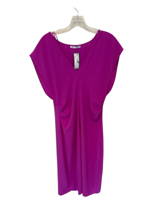 Zara Size M Purple Polyester Cap Sleeve V Neck Gathered Sides Maxi Dress Purple / M