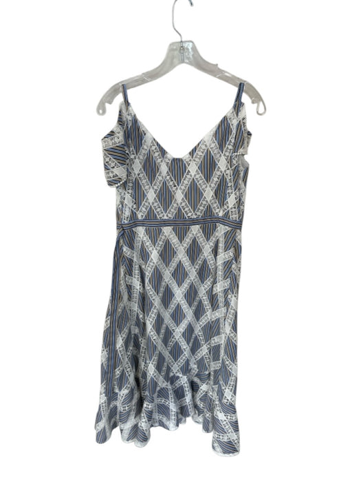 Sandro Size 36 Blue & Tan Polyester Cap Sleeve Lines Lace Sash Dress Blue & Tan / 36