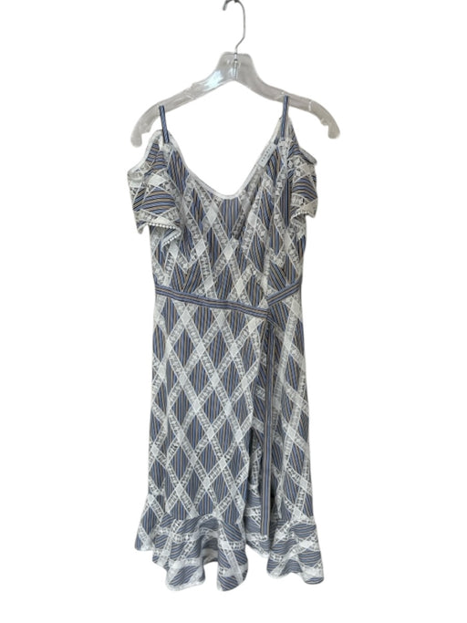 Sandro Size 36 Blue & Tan Polyester Cap Sleeve Lines Lace Sash Dress Blue & Tan / 36