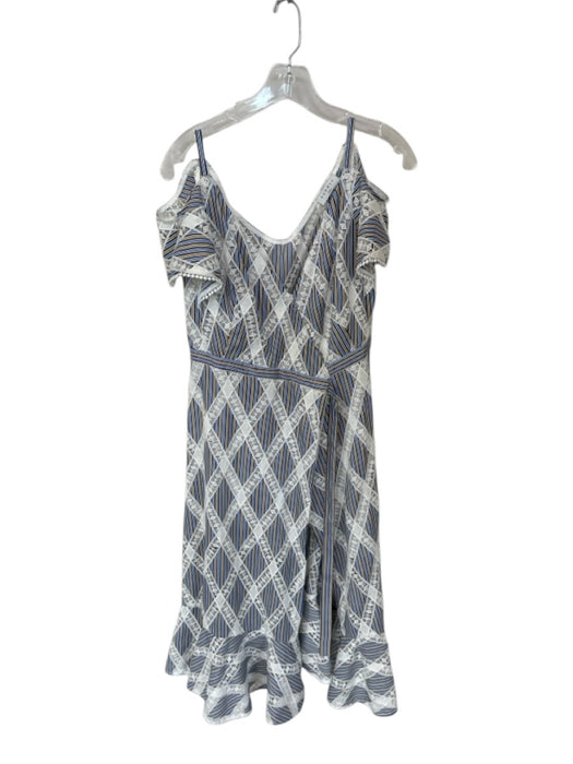 Sandro Size 36 Blue & Tan Polyester Cap Sleeve Lines Lace Sash Dress Blue & Tan / 36