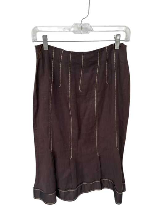 MaxMara Size 8 Brown & Tan Linen Side Zip Embroidered Detail Midi Skirt Brown & Tan / 8