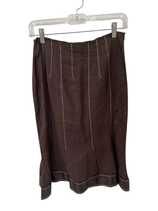 MaxMara Size 8 Brown & Tan Linen Side Zip Embroidered Detail Midi Skirt Brown & Tan / 8