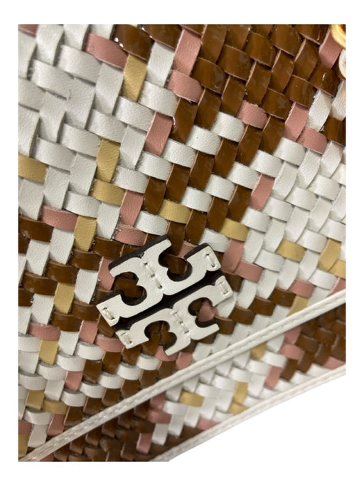 Tory Burch White, Brown & Pink Leather Weave Logo Chain Strap Gold Hardware Bag White, Brown & Pink / Medium