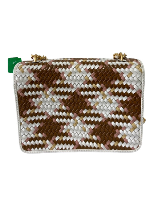 Tory Burch White, Brown & Pink Leather Weave Logo Chain Strap Gold Hardware Bag White, Brown & Pink / Medium