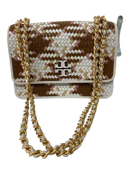 Tory Burch White, Brown & Pink Leather Weave Logo Chain Strap Gold Hardware Bag White, Brown & Pink / Medium