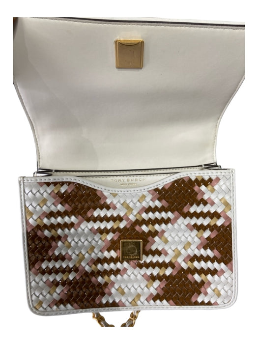 Tory Burch White, Brown & Pink Leather Weave Logo Chain Strap Gold Hardware Bag White, Brown & Pink / Medium