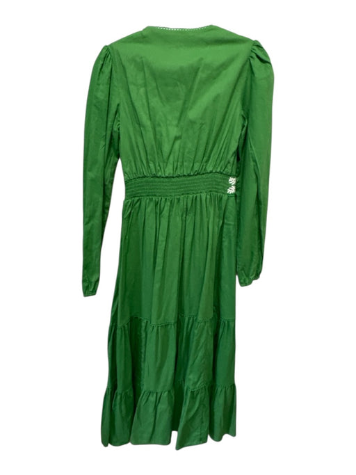 Boden Size 0 Green & White Linen & Cotton Long Sleeve Embroidered V Neck Dress Green & White / 0